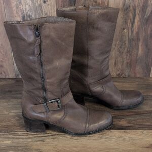 Franco Sarto Jelly Mid Calf Brown Leather Weathered Heeled Boots 11M   -c175